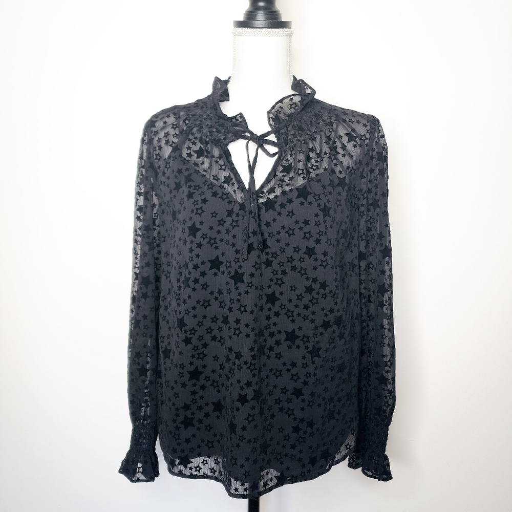 LOFT‎ black Star Ruffle Tie Neck Blouse medium